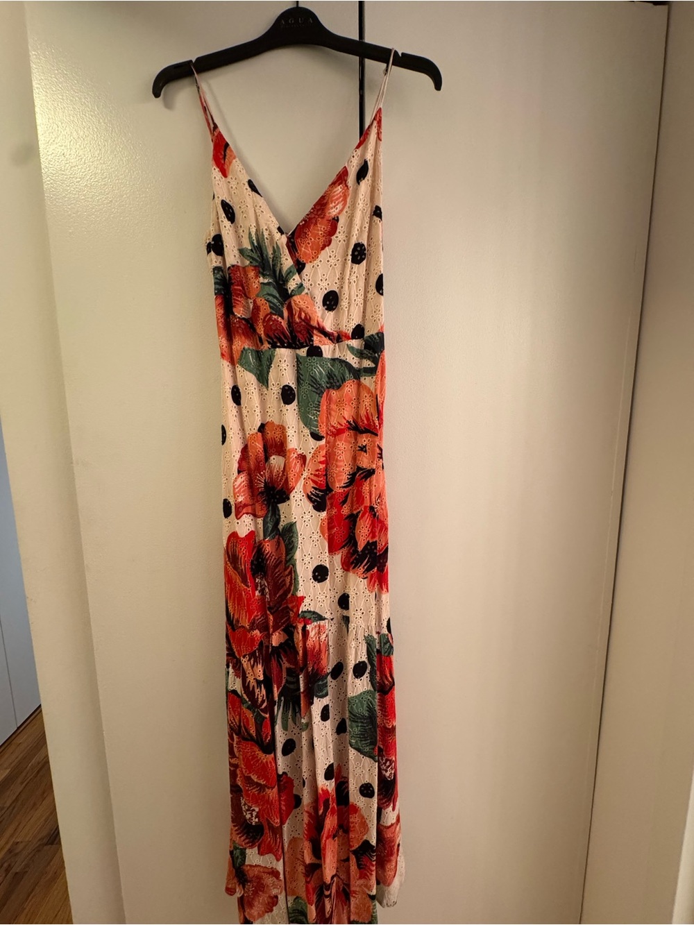 FARM Rio Cream Maxi Dress with Red Floral, Green Leaves & Black Polka Dots